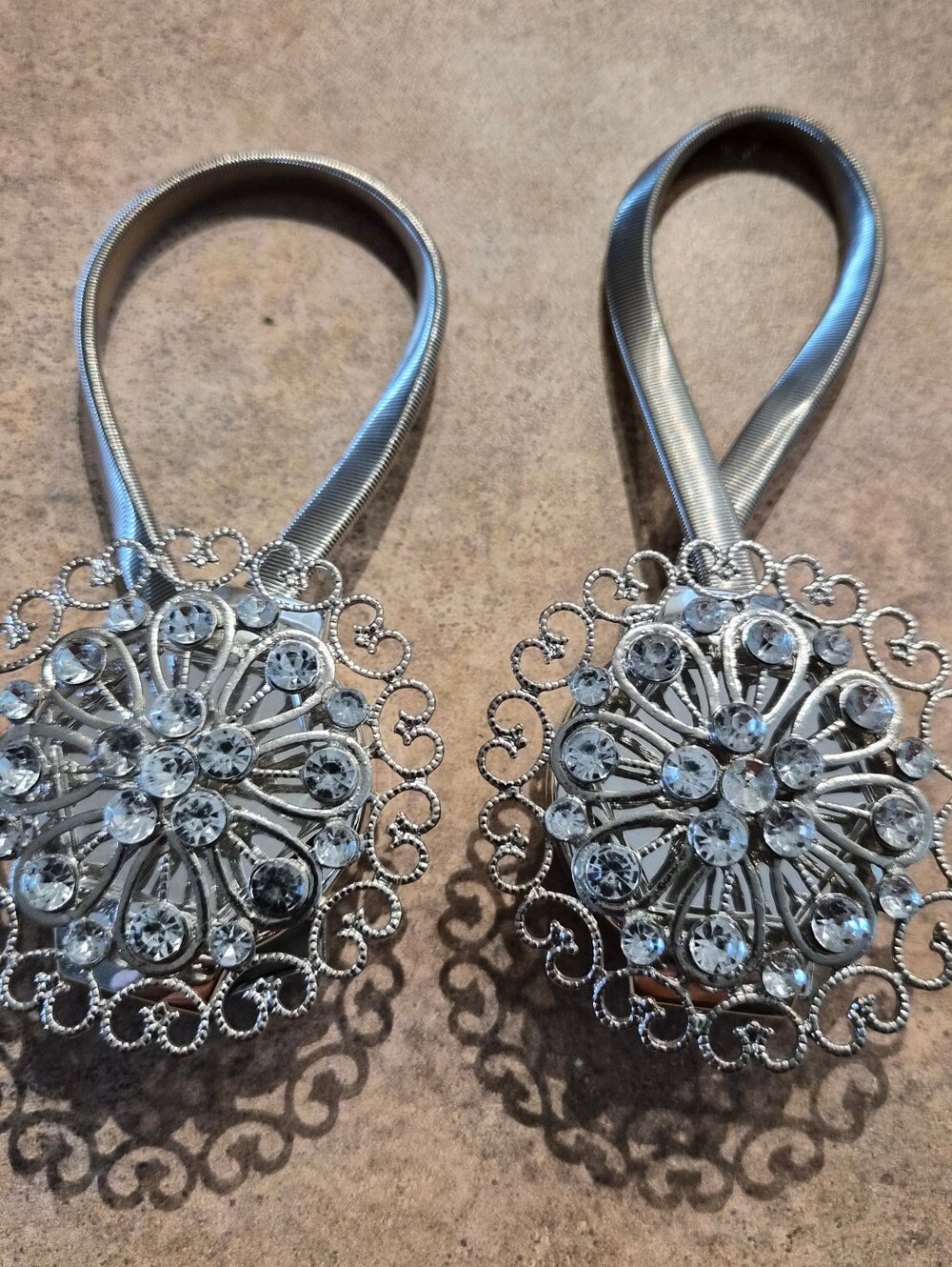Silver Crystal Filigree Magnetic Curtain Tiebacks - Set of 2